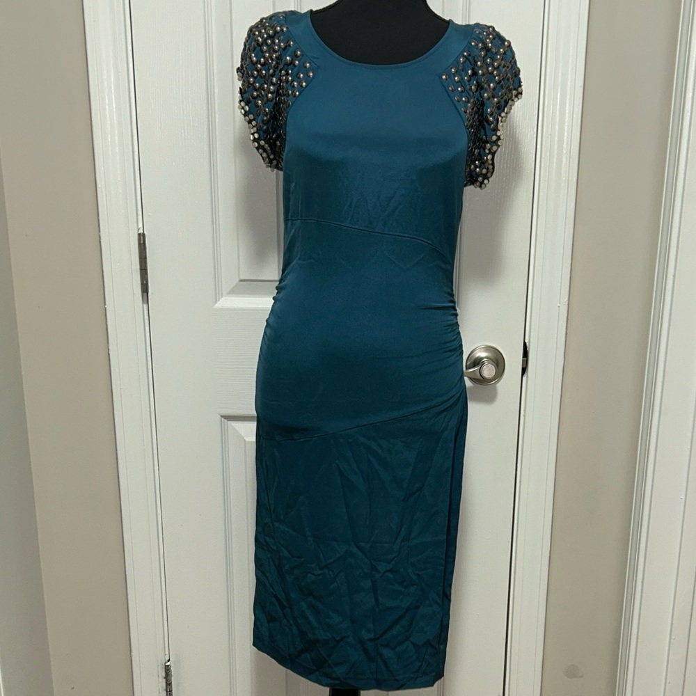 Diane Von Furstenberg Teal Midi Dress with Embellished Sleeves